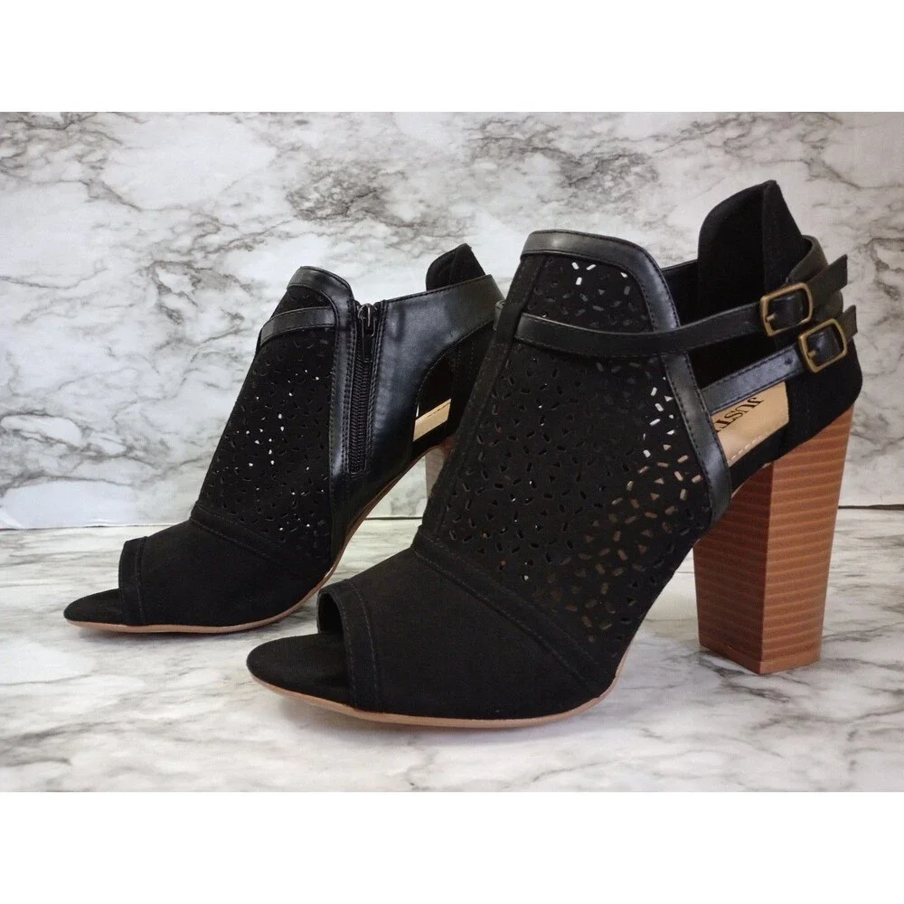 Just Fab Black Faux Suede Eyelet Open Toe High Heel Ankle Boots Booties Size 9.5